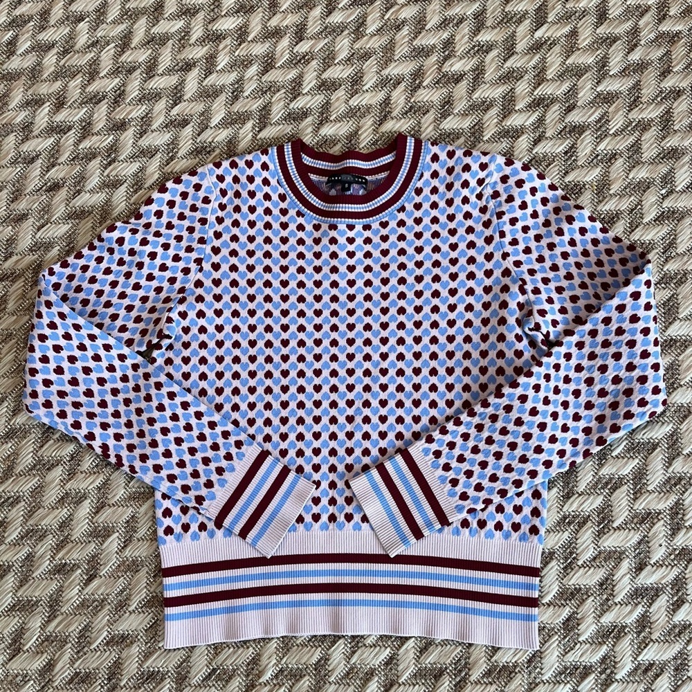 Tara Jarmon Sweater - Women's Small Pink Blue Red - Hearts Long-Sleeved Knit